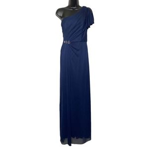 Davids Bridal One‎ Shoulder Mesh Long Formal Navy Blue Gown Bridesmaid Prom Sz 8